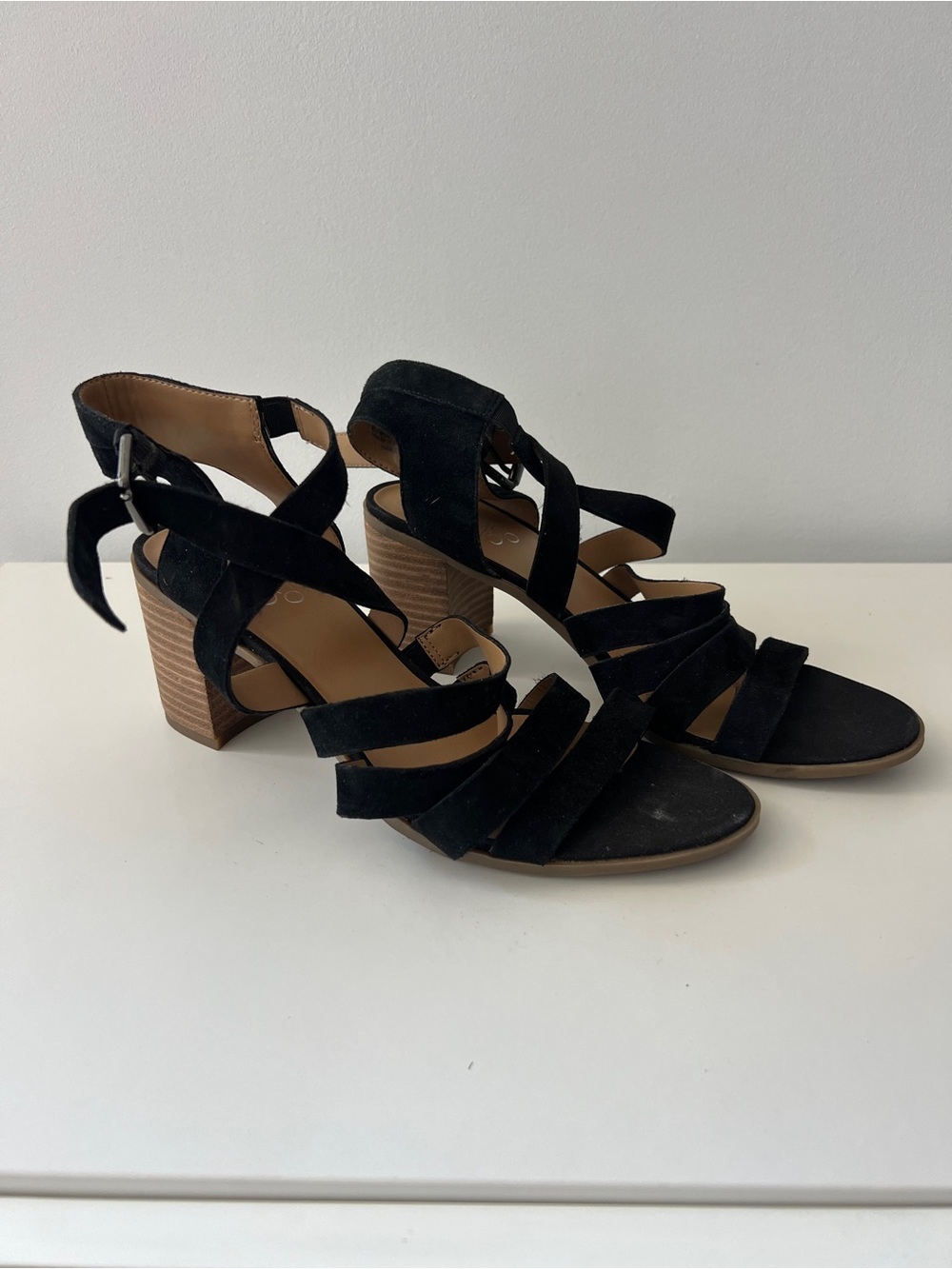 Franco Sarto Black Suede Strappy Block Heel Sandals